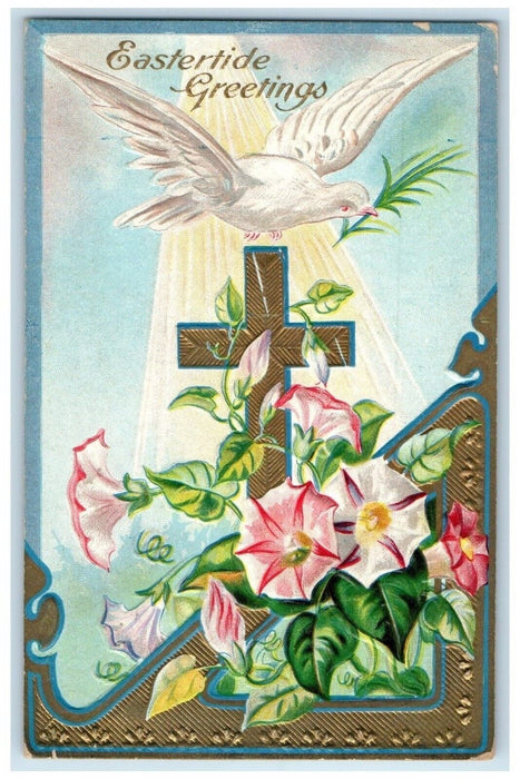 1911 Easter Greetings Holy Cross Dove Flowers Embossed Posted Antique Postcard