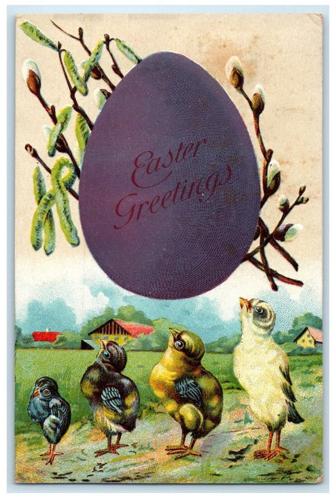 1909 Easter Greetings Egg Chicks Pipe Berry And Cattail Blue Grass IA Postcard