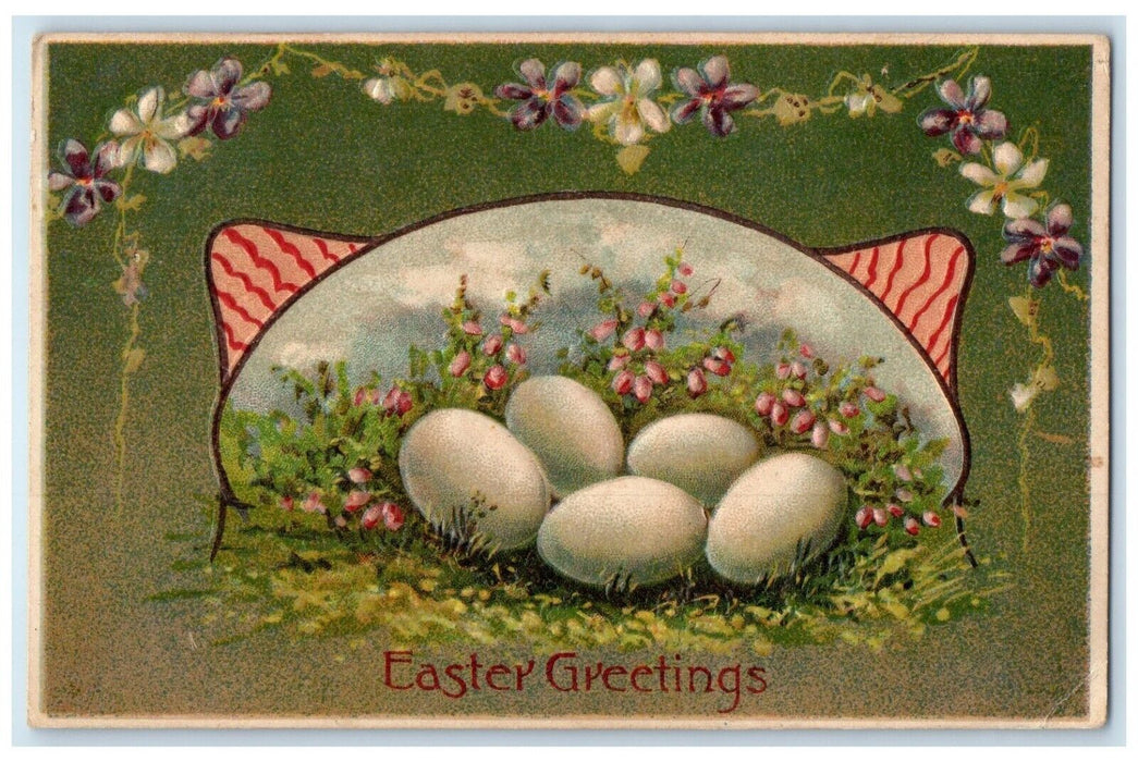 c1910's Easter Greetings Eggs And Flowers Embossed Solon IA Antique Postcard