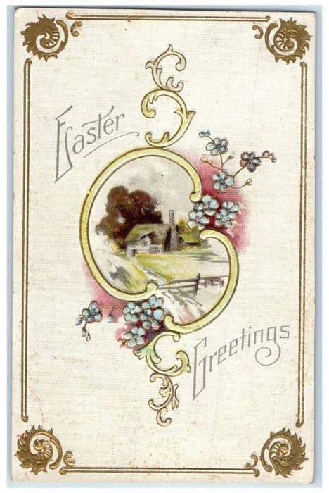 1910 Easter Greetings Flowers House Embossed Morrison Illinois IL Postcard
