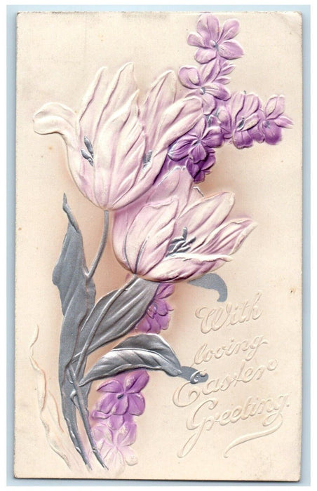 c1910's Easter Greeting Purple Flowers Airbrushed Embossed Antique Postcard