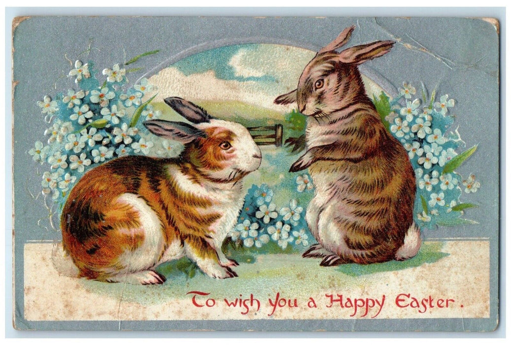 c1910's Easter Bunny Rabbit Pansies Flowers Embossed Carman Illinois IL Postcard