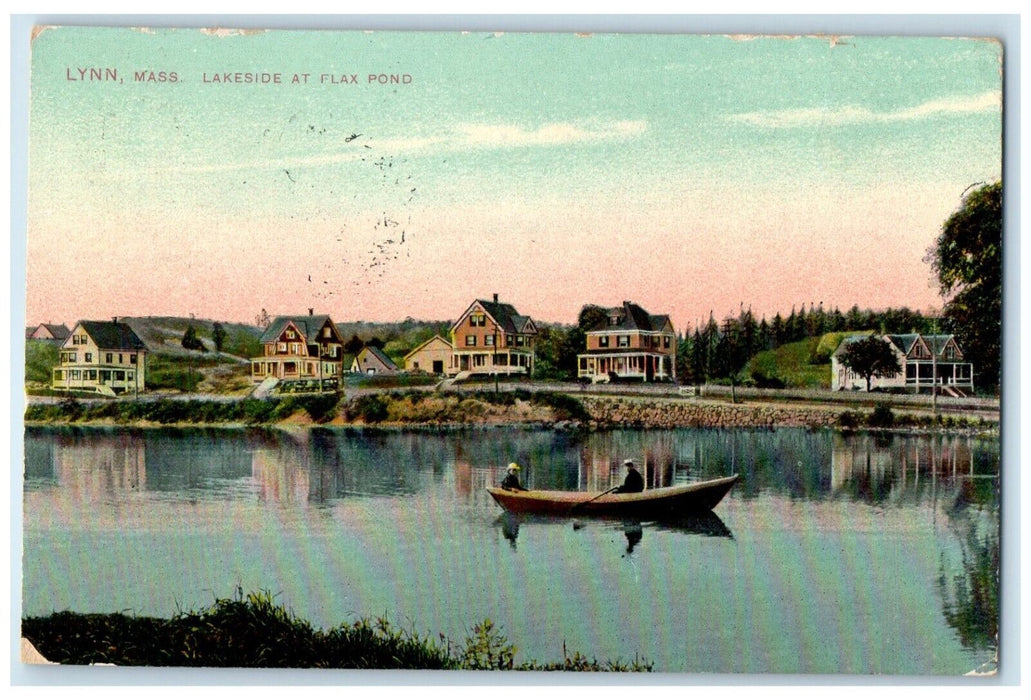 1910 Canoeing Boat Lakeside Flax Pond Lynn Massachusetts Vintage Posted Postcard