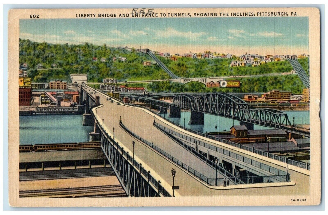1938 Liberty Bridge Entrance Tunnels Inclines Pittsburgh Pennsylvania Postcard