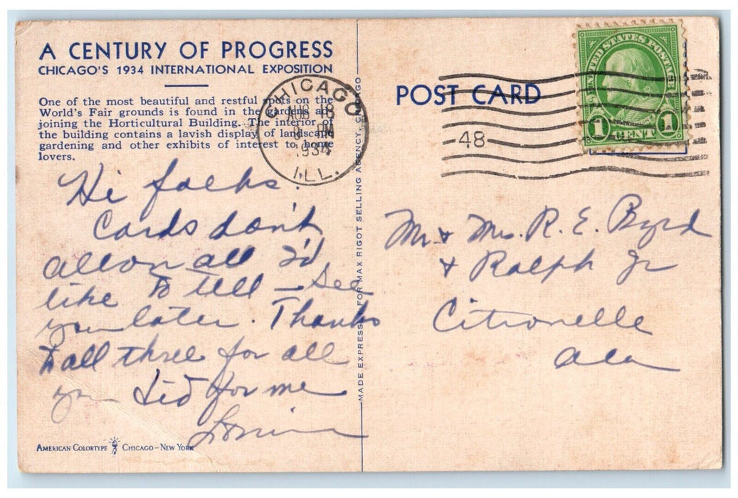 1934 Horticulture Building Century Of Progress Exposition Chicago IL Postcard