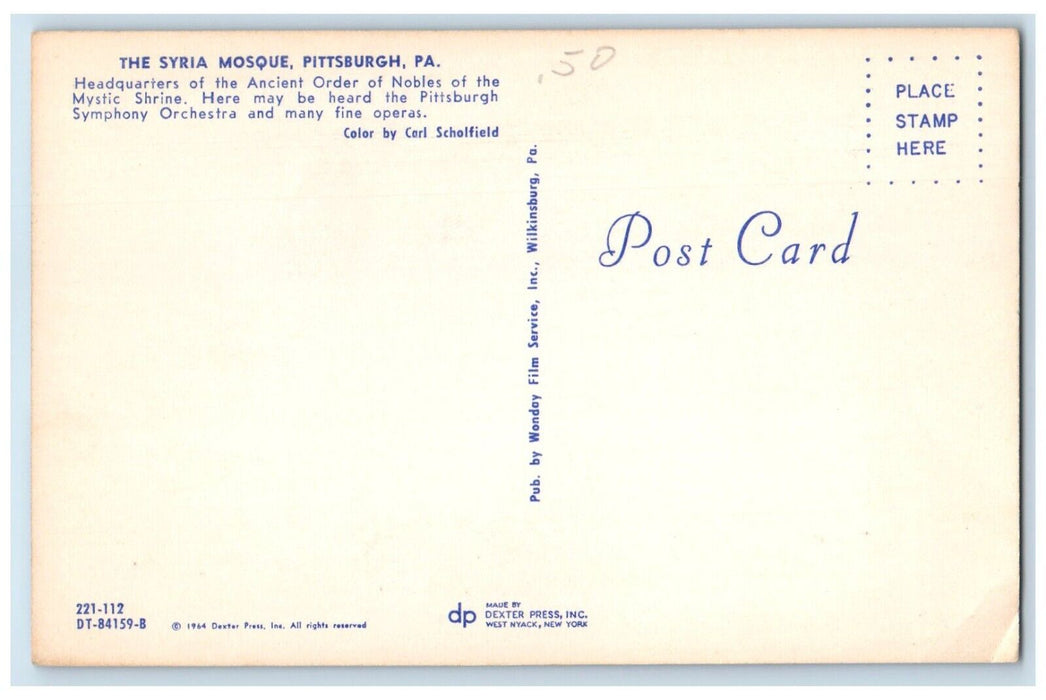 c1960 Syria Mosque Headquarters Ancient Order Pittsburgh Pennsylvania Postcard