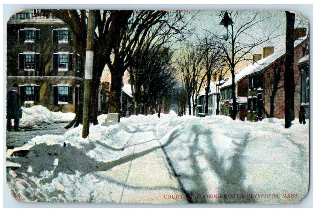 1910 Winter Scene Court St Looking North Plymouth Massachusetts Antique Postcard