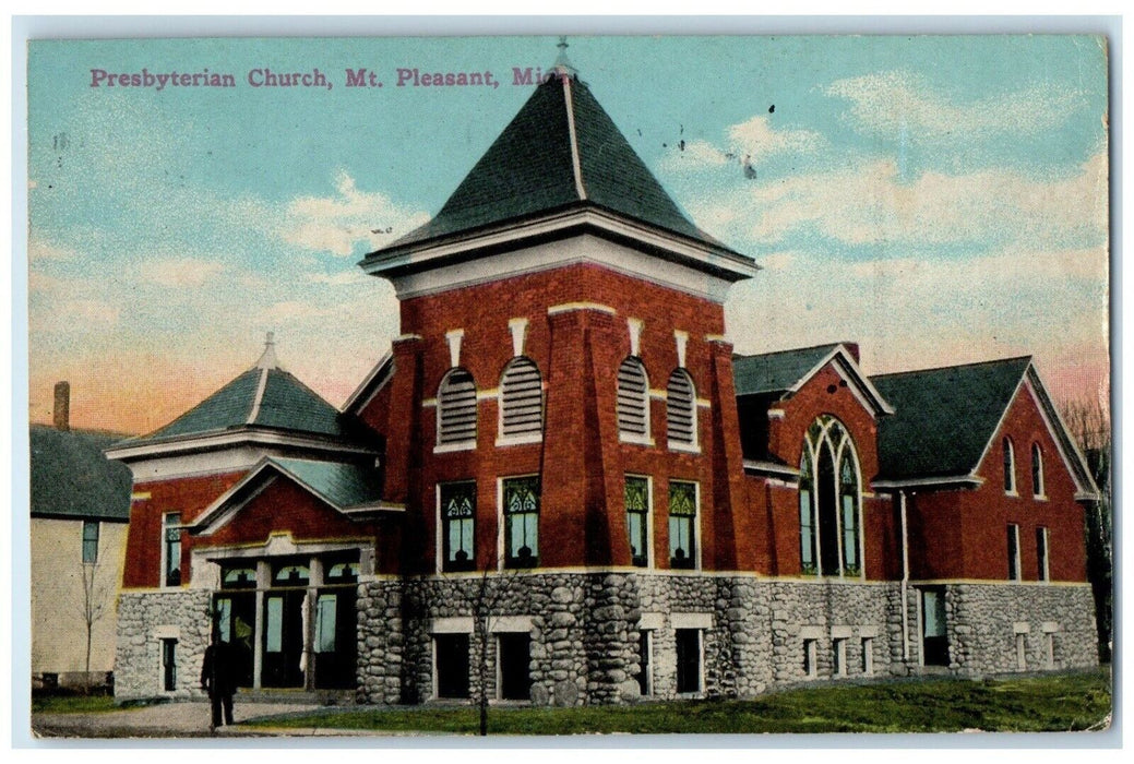 1913 Exterior View Presbyterian Church Mt Pleasant Michigan MI Vintage Postcard