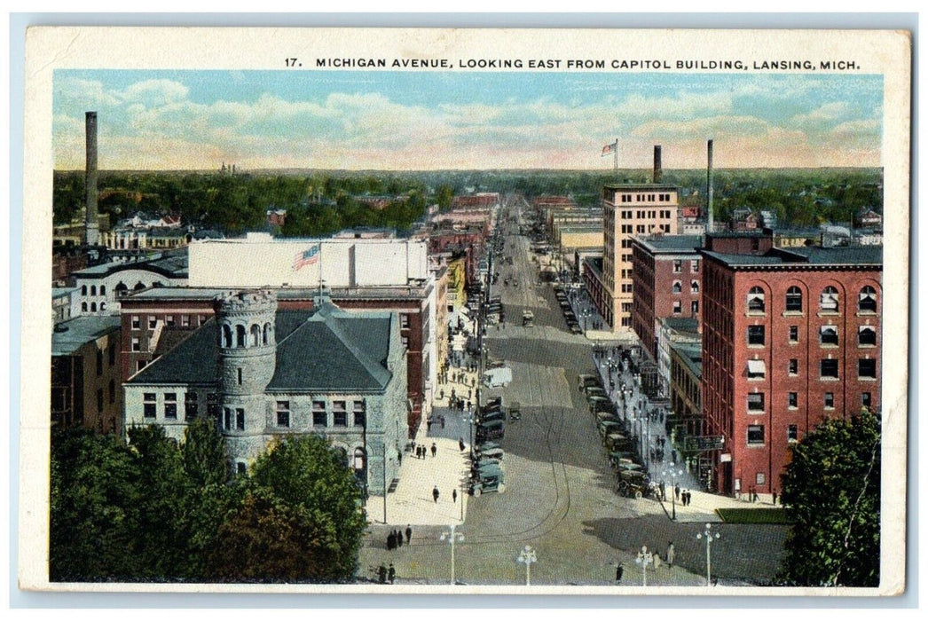 1920 Aerial View Michigan Avenue East Capitol Building Lansing Michigan Postcard