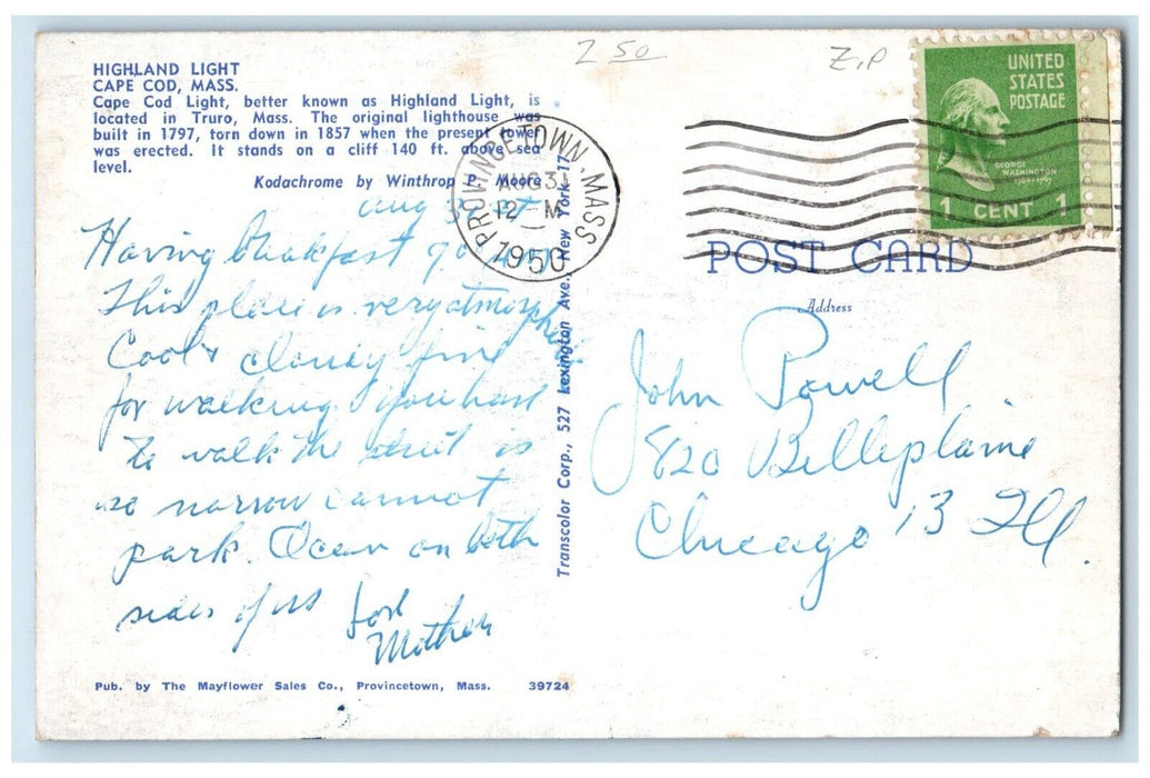 1950 Highland Light Truro Lighthouse Cape Cod Massachusetts MA Vintage Postcard