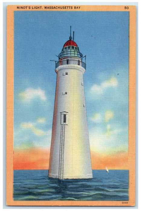 c1940 Minot's Light Lighthouse Granite Blocks Tower Massachusetts Bay Postcard