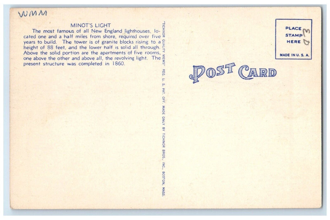 c1940 Minot's Light Lighthouse Granite Blocks Tower Massachusetts Bay Postcard