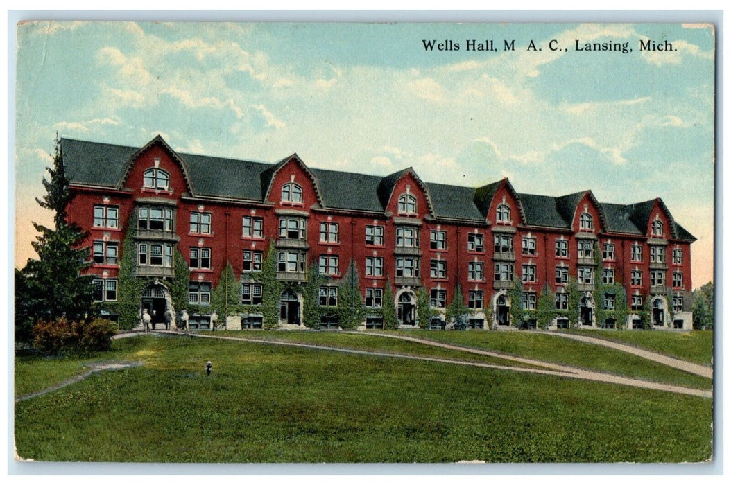 1914 Exterior View Wells Hall M. A. C Building Lansing Michigan Antique Postcard