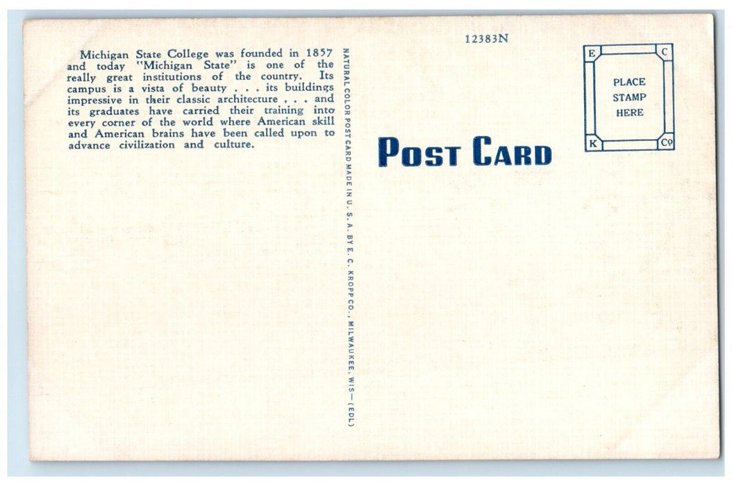 c1940 West Entrance Union Building Michigan State College Lansing MI Postcard