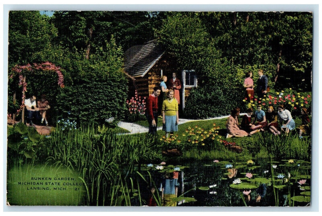 c1940 Sunken Garden Michigan State College Lansing Michigan MI Antique Postcard