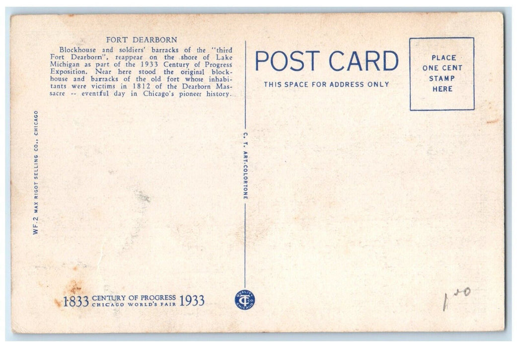 1933 Fort Dearborn Chicago World's Fair IL, Blockhouse Soldier Barracks Postcard