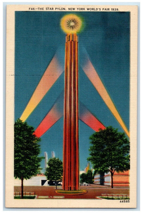 1939 View Of The Star Pylon At Night New York World's Fair Vintage Postcard