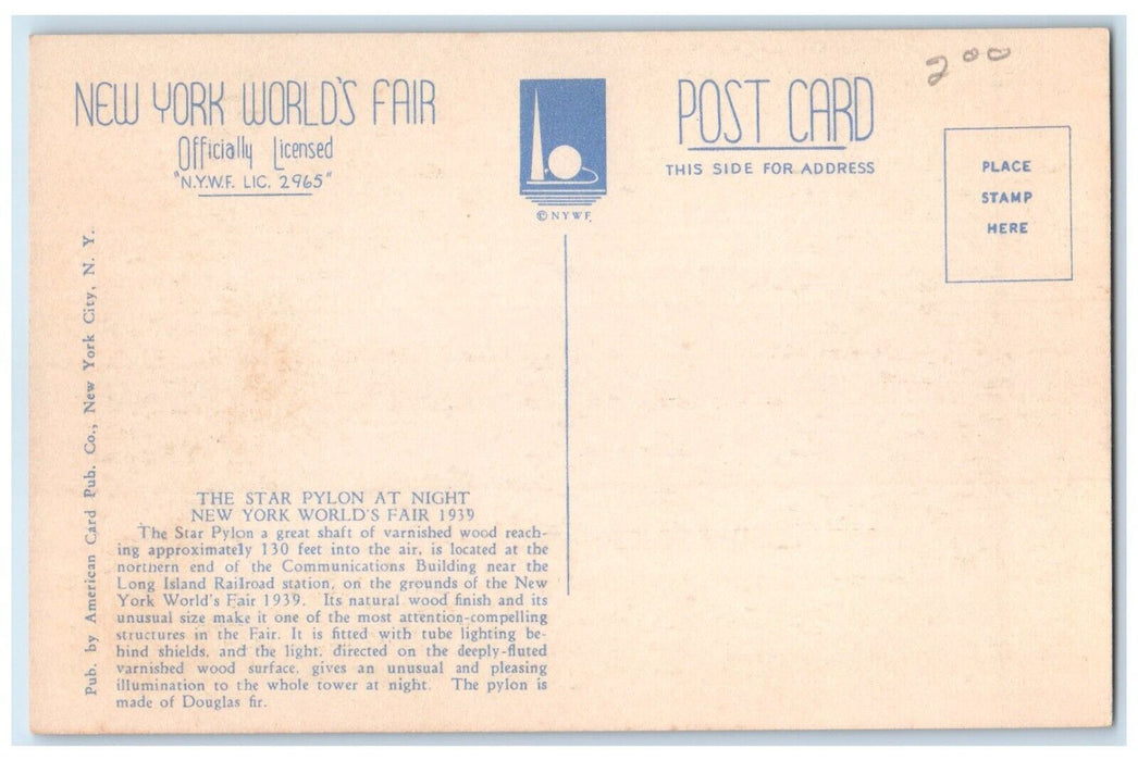 1939 View Of The Star Pylon At Night New York World's Fair Vintage Postcard