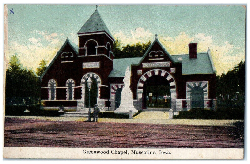 1908 Greenwood Chapel Street Light Muscatine Davenport Iowa IA Antique Postcard