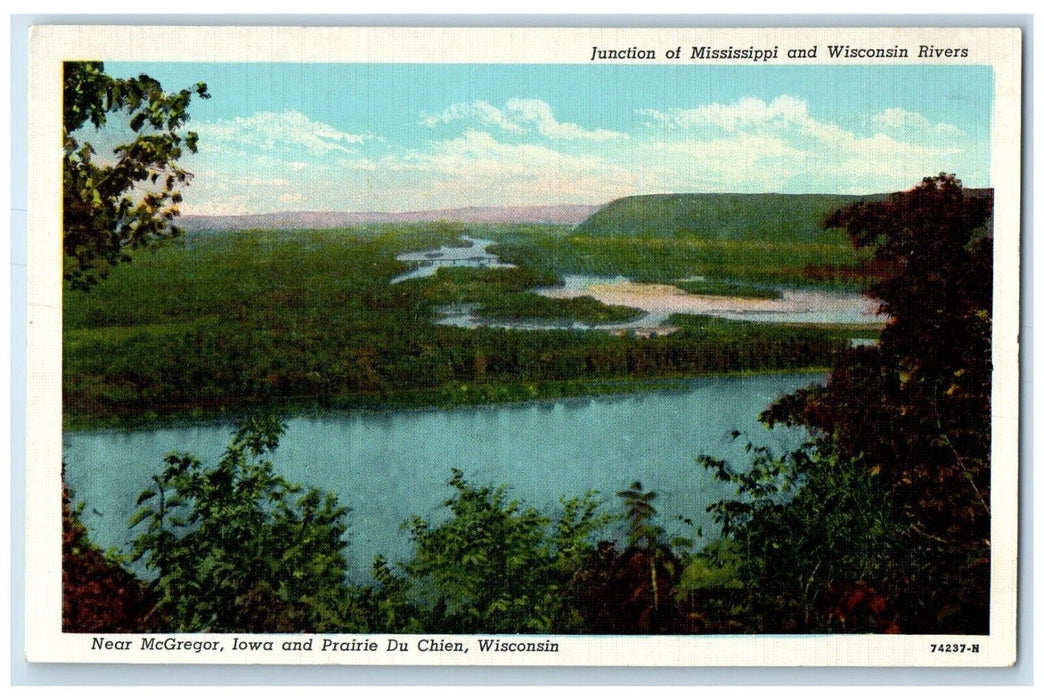 Junction Of Mississippi And Wisconsin River Near McGregor Iowa IA Postcard