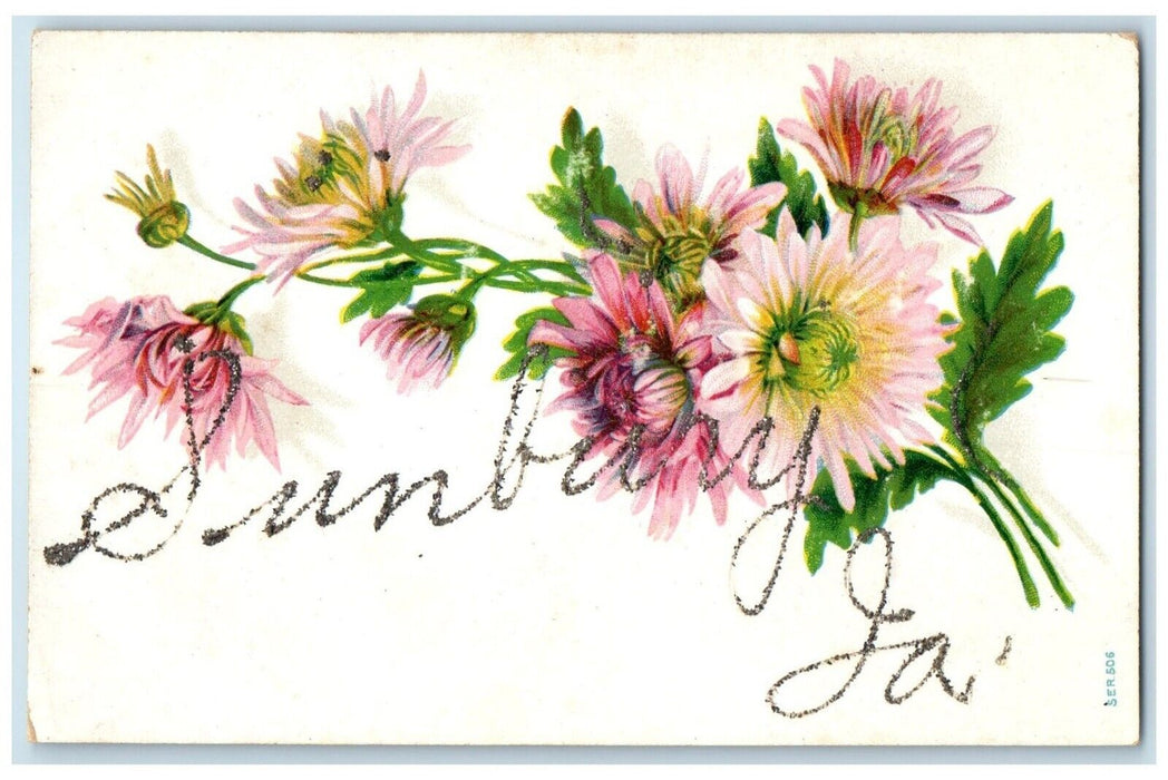 c1910's Greetings From Sunbury Iowa IA, Flowers Glitter Antique Postcard