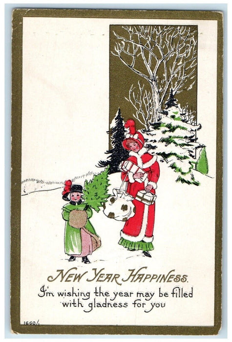 1916 New Year Mother And Daughter With Gifts Winter Snow Afton MN Postcard