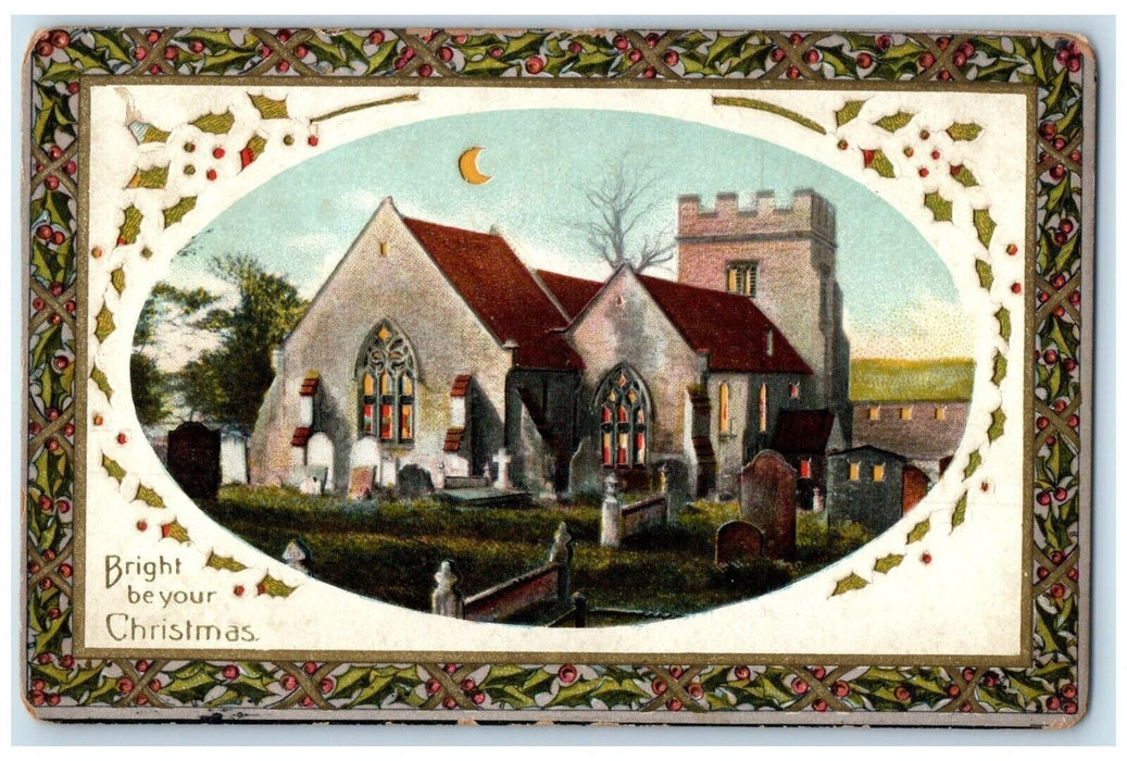 1912 Christmas House Church Holly Berries Hold To Light HTL Embossed Postcard