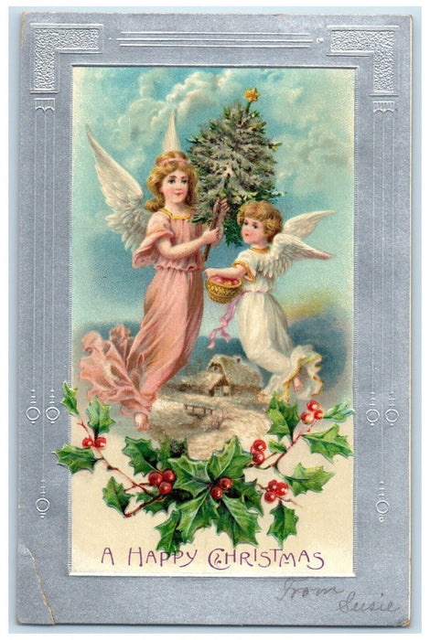 c1905 Christmas Angels Holding Pine Tree Holly Berries Embossed Antique Postcard