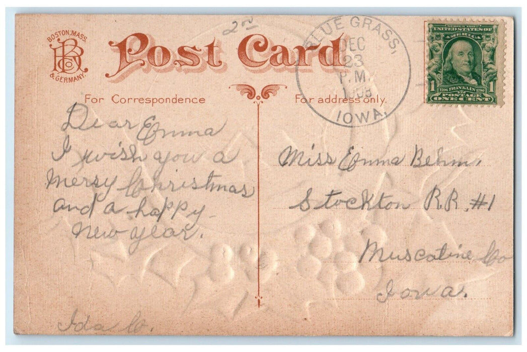 1908 Christmas Greetings Crescent Mill River Berries Blue Grass IA Postcard