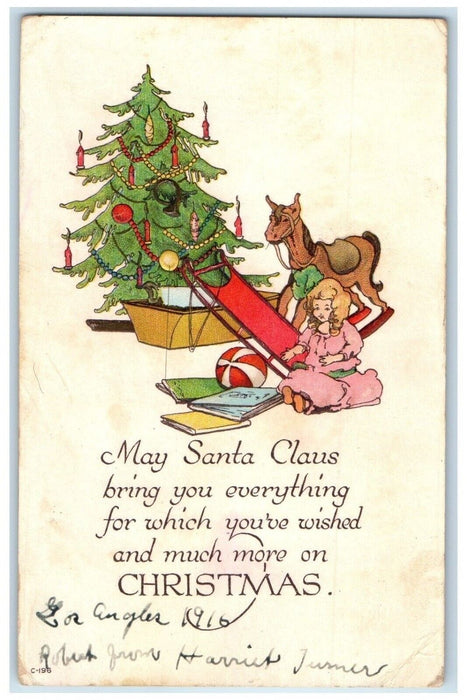 1916 Christmas Tree Toys Rocking Horse Doll Embossed Los Angeles CA Postcard