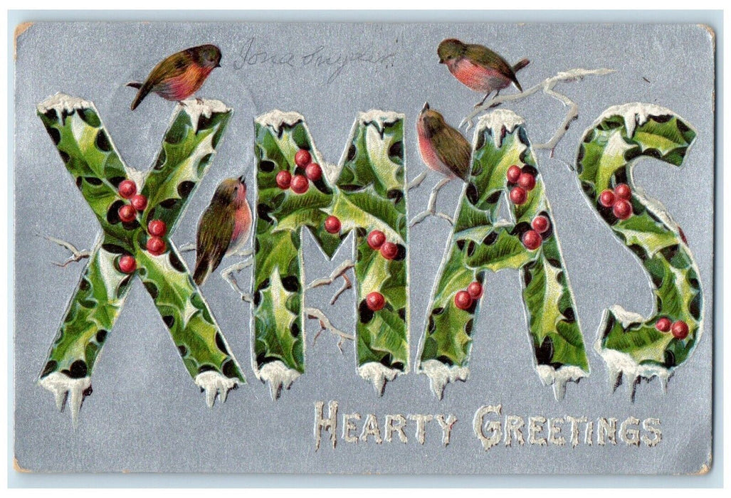 1908 Christmas Greetings Large Letters Berries Song Birds Mount Ayr IA Postcard