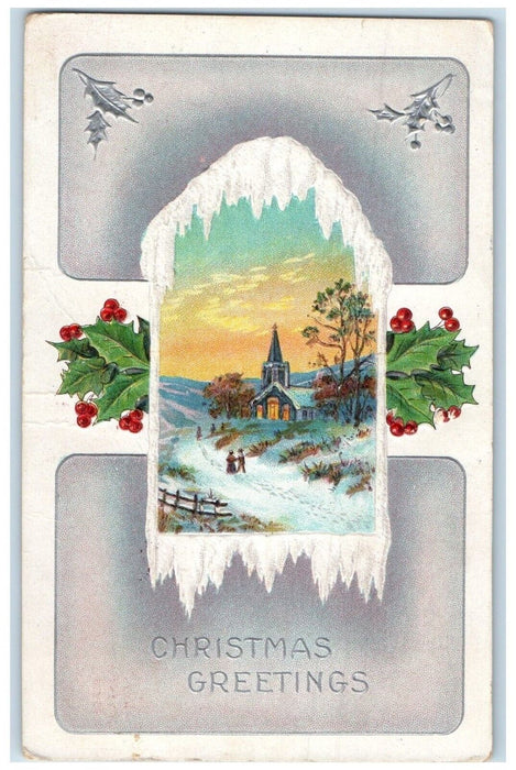 Christmas Greetings Winter Church Berries Hand RFP Cancel Solon IA Postcard