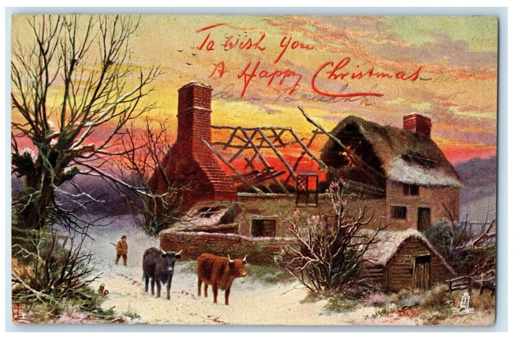 1905 Christmas Cows Winter Scene Oilette Tuck's Kansas City MO Antique Postcard