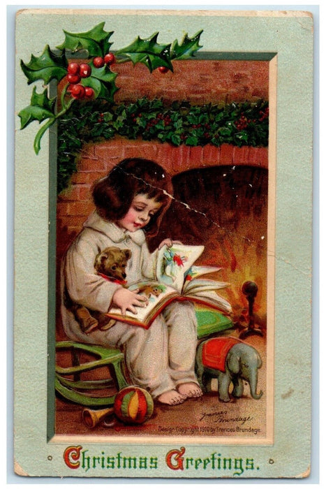 c1910's Christmas Greetings Berries Fireplace Embossed Brundage Antique Postcard