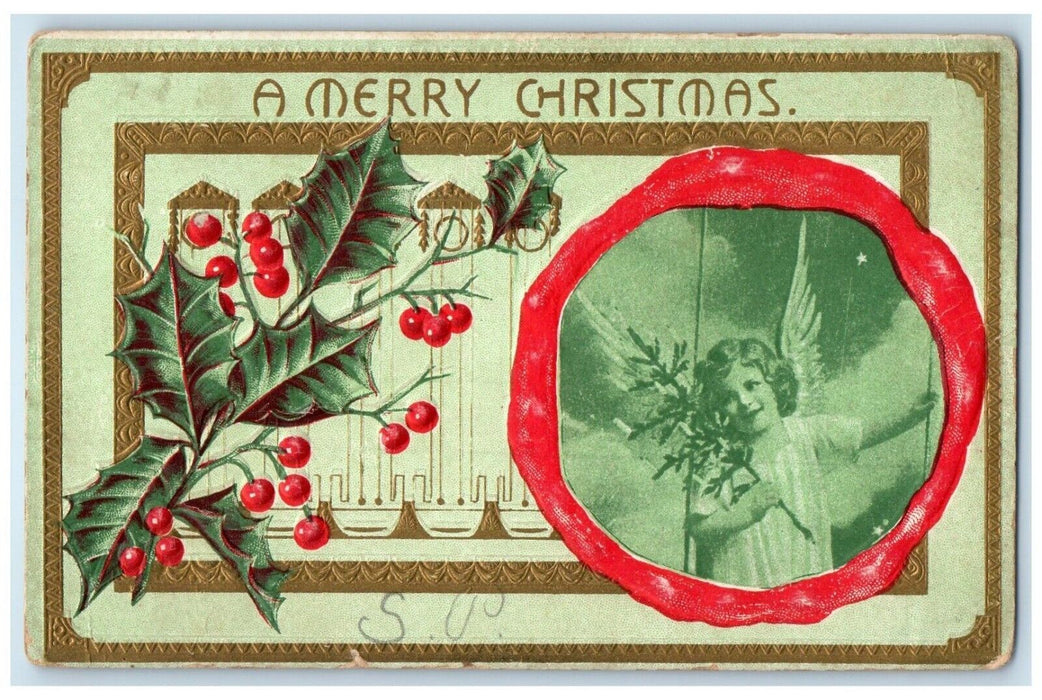 1908 Christmas Angel Holly Berries Embossed Joy Illinois IL Antique Postcard