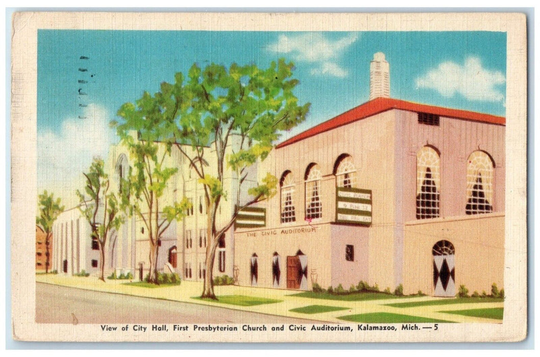 1944 City Hall First Presbyterian Church Civic Auditorium Kalamazoo MI Postcard