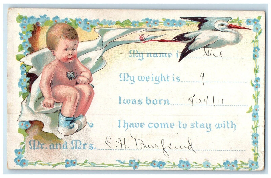 1911 Stork Baby Flowers Winsch Back Embossed Hutchinson MN Antique Postcard