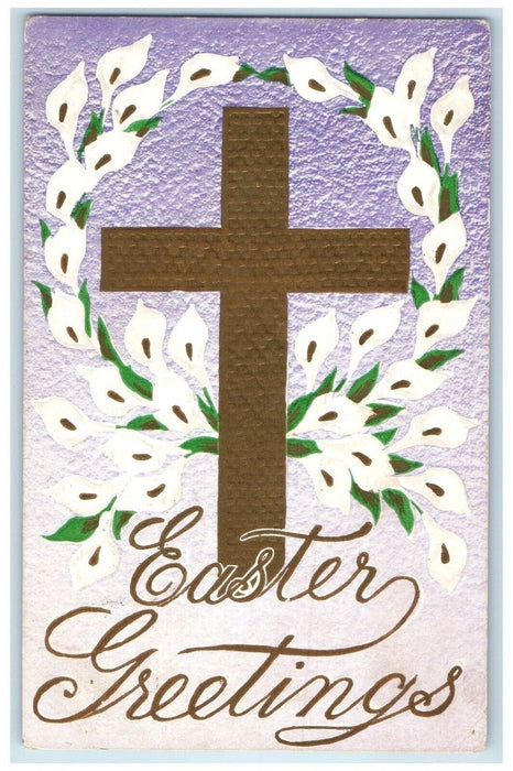 1910 Easter Greetings Holy Cross Flowers Embossed Hoffman Minnesota MN Postcard
