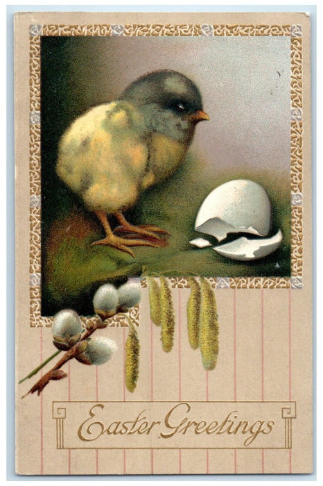 1910 Easter Greetings Chick Hatched Egg Pipe Berry Cattail Dawson MN Postcard