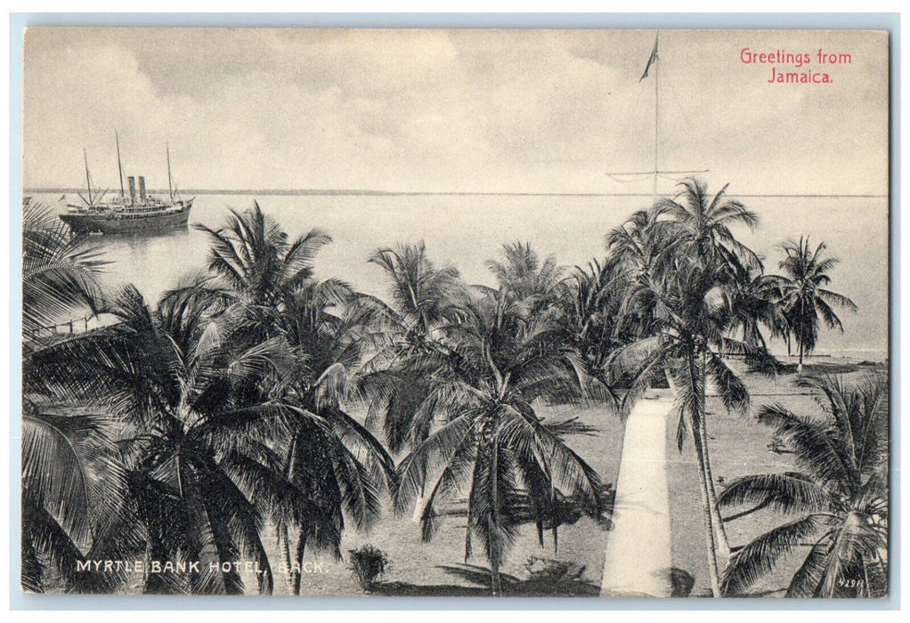 c1910 Myrtle Bank Hotel Back. Greetings from Jamaica Antique Postcard