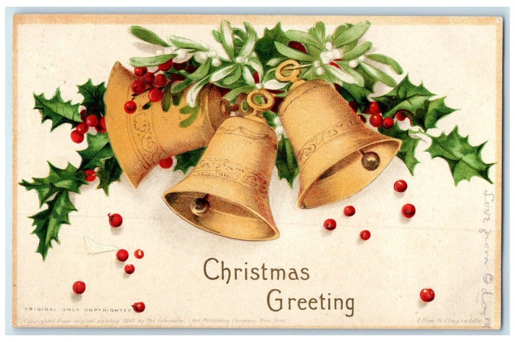 1907 Christmas Greeting Ringing Bells Holly Berries Mistletoe Loomis CA Postcard