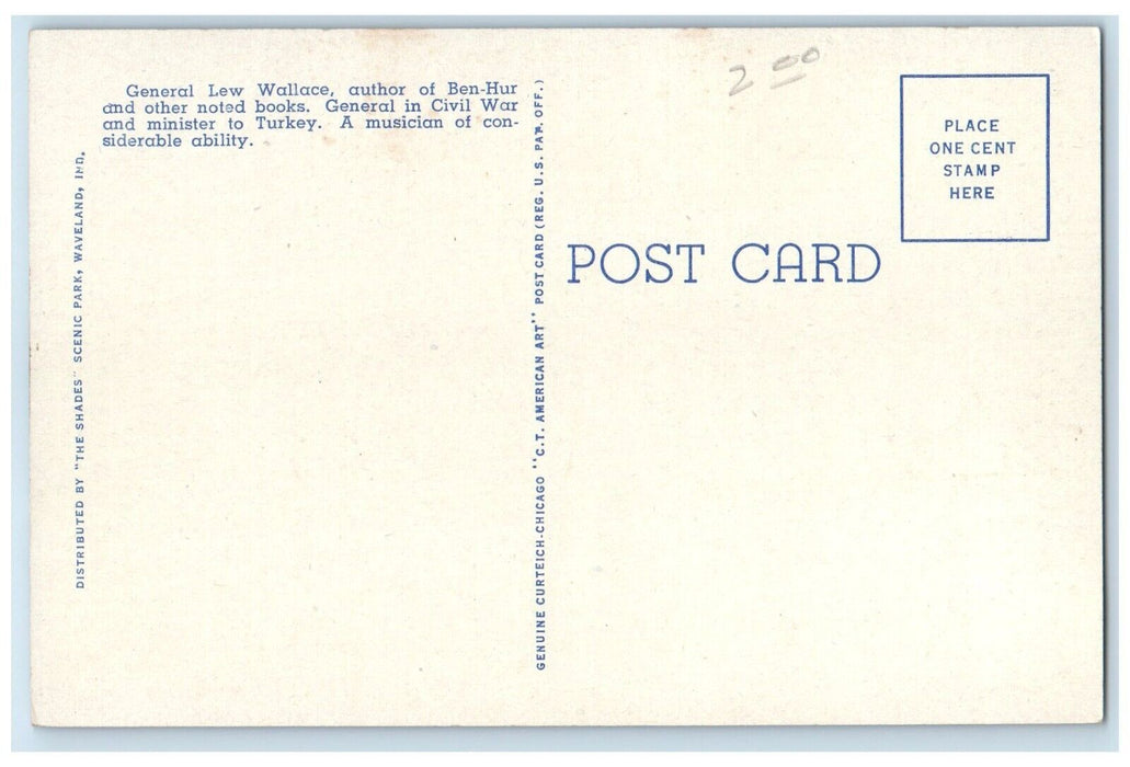 c1960 General Lew Wallace Author Ben Hur Crawfordsville Indiana Vintage Postcard
