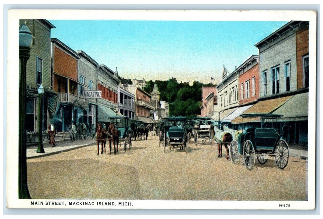 c1920 Main Street Horse Carriage Road Mackinac Island Michigan Vintage Postcard