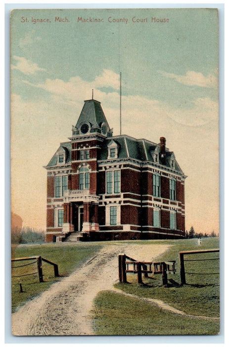 1908 Exterior Mackinac County Court House St Ignace Michigan MI Vintage Postcard