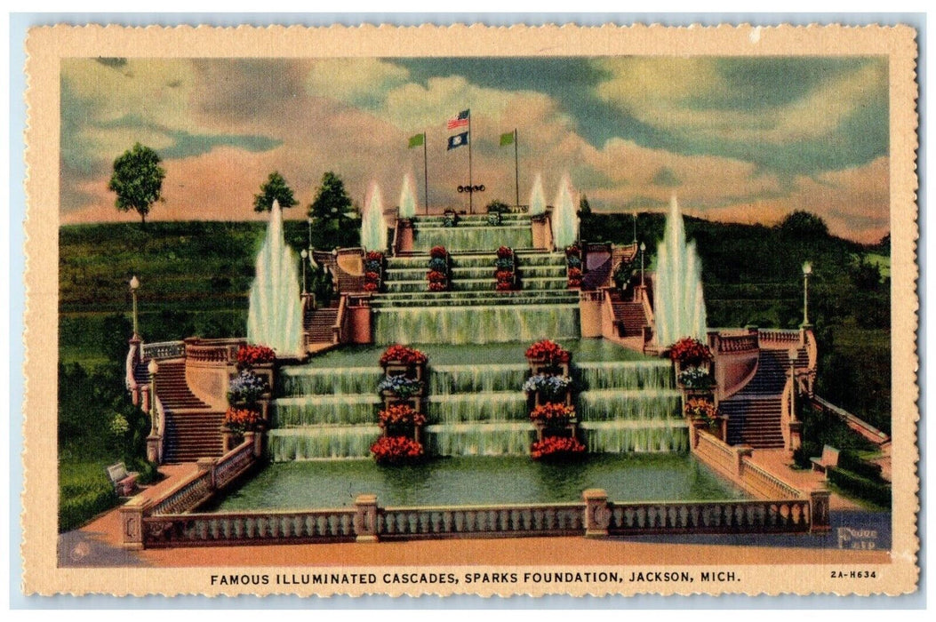 c1940 Famous Illuminated Cascades Sparks Foundation Jackson Michigan MI Postcard