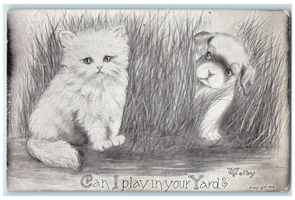 1910 Cute Cat And Puppy Dog Can I Play In Your Yard East Grand Forks MN Postcard