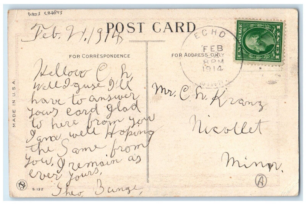 1914 Congratulations House River Arts Crafts Echo Minnesota MN Antique Postcard
