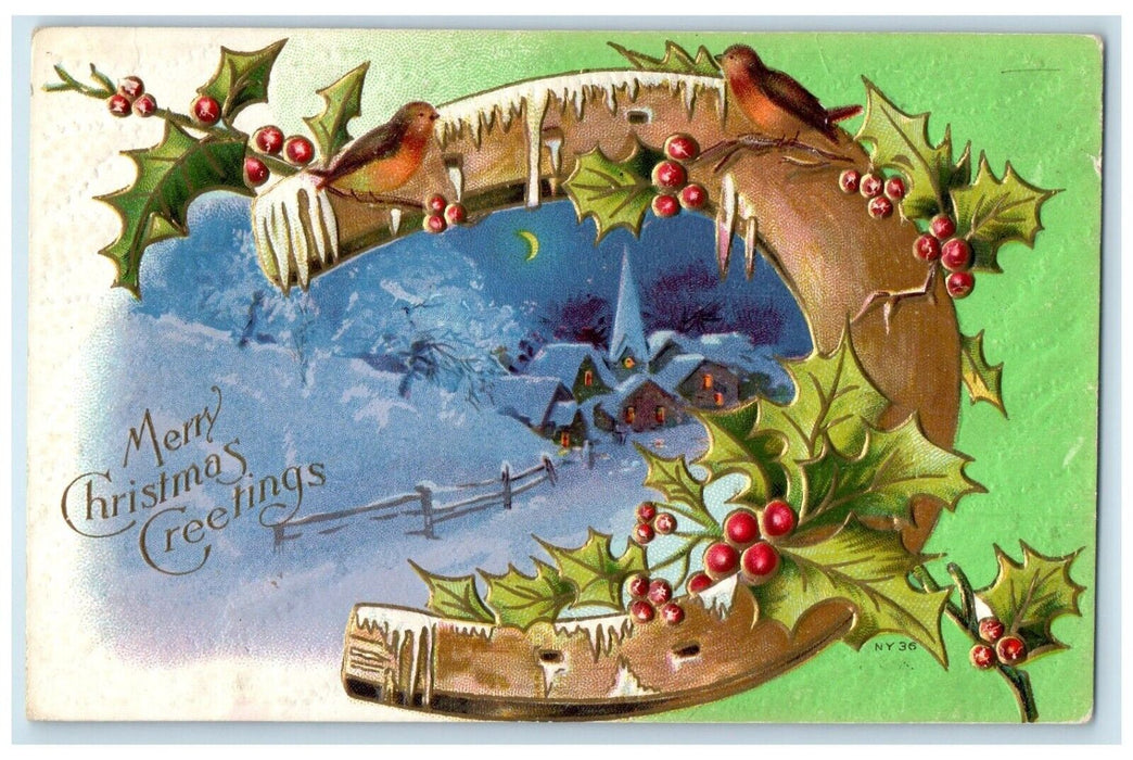 Christmas Greetings Horseshoe Berries Song Birds Markville MN DPO Postcard