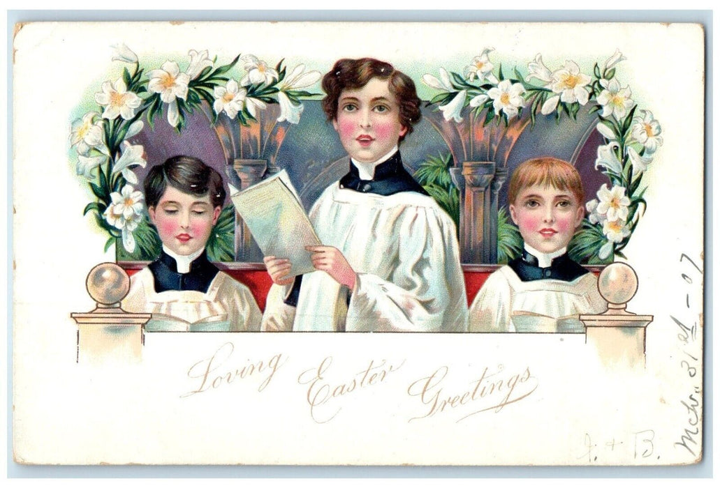 Easter Greetings Boys Church Flowers Tuck's Minneska MN Fancy Cancel Postcard