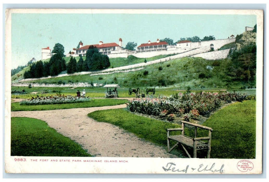 1906 Scenic View Fort State Park Bench Mackinac Island Michigan Vintage Postcard